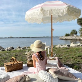 AMMSUN Boho Fringe Umbrella Outdoor Patio, 6.5ft UPF50+ Picnic Umbrella with Tassels with Steel Pole and Push Button Tilt, Pink Stripes