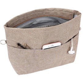 Yoillione Handbag Organiser Insert, Tote Bag Organiser Insert with Multiple Compartments and Zips, Sturdy Bag Insert Organiser with Key Chain for Women (Light Brown, L)