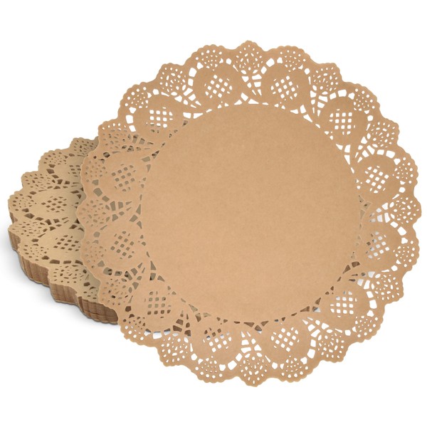 Gift Boutique 300 Pack Rustic Round Paper Place Mats 12" Disposable Brown Kraft Doilies Lace Scallop Doily for Cakes Desserts Holiday Crafts Wedding Accent & Birthday Dinner Table Party Decorations