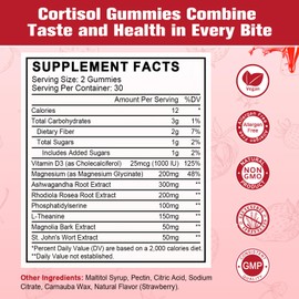 JIANKYTZ Cortisol Gummies for Women with Ashwagandha, Rhodiola Rosea, L-Theanine, Magnesium, Vitamin D3 for Zzz Support, Balanced Cortisol, Vegan, 60 Gummies