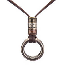 Popeoiuh Leather Cord Necklace - Double Rings Pendant Necklace Alloy Vinatge Pendant Necklace for Men Women with Adjustable Brown Leather Chain