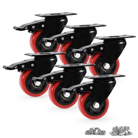 Caster Wheels, Heavy Duty 3 Inch Casters Set of 6, Locking Swivel Casters Wheels for Cart, Furniture and Workbench, Red