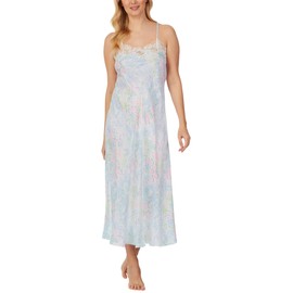 Eileen West Santorini Nightgown, Soft Satin and Lace Bridal Gown with Adjustable Straps, Blue Watercolor Floral, X-Large