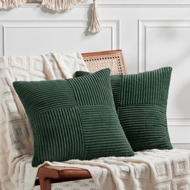 Fancy Homi Set of 2 Dark Green Decorative Throw Pillow Covers 16x16 Inch for Living Room Couch Bed, Boho Farmhouse Forest Green Home Decor, Soft Corss Corduroy Patchwork Textured Cushion Case