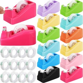 Watersay 12 Pack Multicolor Desktop Tape Dispenser 4 Inch Non Skid Invisible Tape 0.47 x 590 inch for Office Home