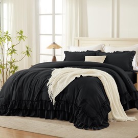 Andency Black Full Size Comforter Set(79x90Inch), 3 Pieces Fluffy Farmhouse Shabby Chic Bedding Comforter Sets, All Season Soft Lightweight Microfiber Bed Set