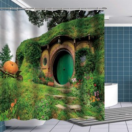Fuortia Hobbit Shower Curtain Fantasy Rural Green Hobbit Living Cabin Fabric Bathroom Curtains Sets Lord of The Rings Magic Shower Curtain with Hooks Bathroom Bedroom Decoration for Kids 70x70Inches