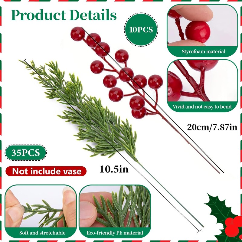 DOXISHRUKY 45pcs Christmas Artificial Pine Branches with Red Berry Stems