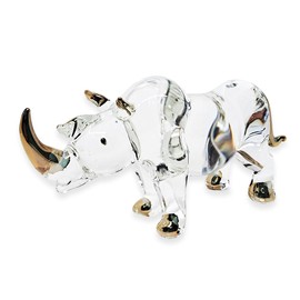 WitnyStore Tiny 5½" Clear Gold Stand Rhino Figurine - Miniature Hand Blown Painted Glass Rhinoceros Tropical Savanna Wildlife Animals Cute Crystal Decorative Figures Collectible Figurines Décor Gifts