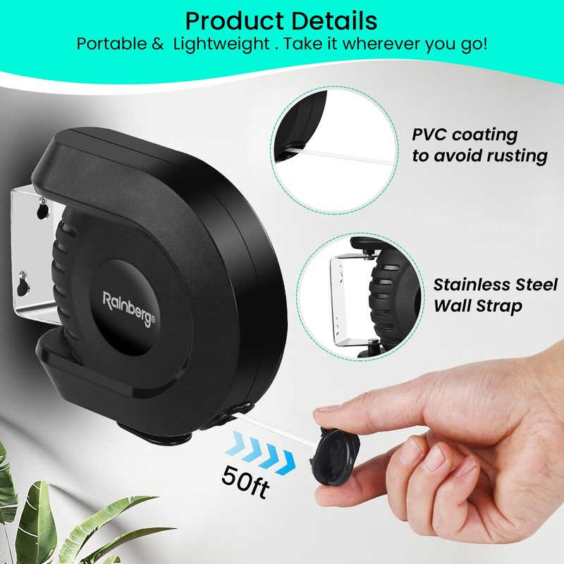 Rainberg Retractable Clothes Line, 15m/30m Washing Line, Wall-Mounted, PVC-Coated, Indoor/Outdoor