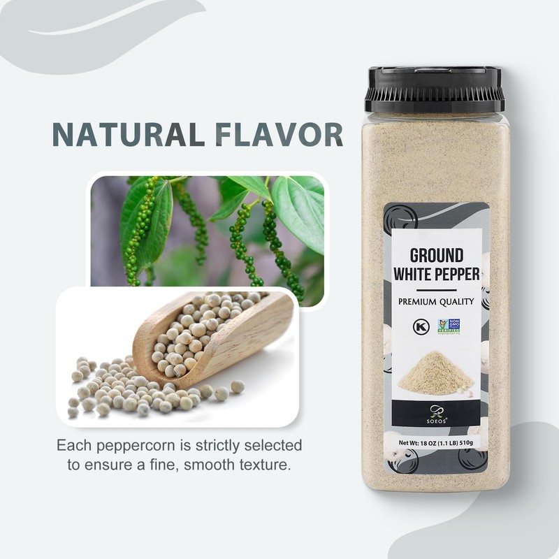 Soeos Ground White Pepper, 18oz (510g), Non-GMO, Kosher Certified, Fresh,
