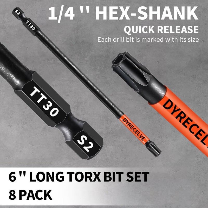 Impact Security Torx Bit Set 6-Inch Long (8-Pack T8-T40), S2