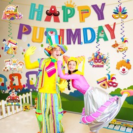 Need DIY Purim Decorations Banner and Hanging Swirls Happy Purim Day Banner Mask and Clown Style Hanging Swirls Jewish Holiday Party Decorations