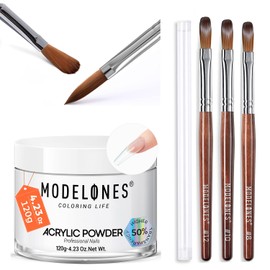 Modelones Upgraded 4.23oz Clear Acrylic Powder & 3pcs Acrylic Nail Brush Set