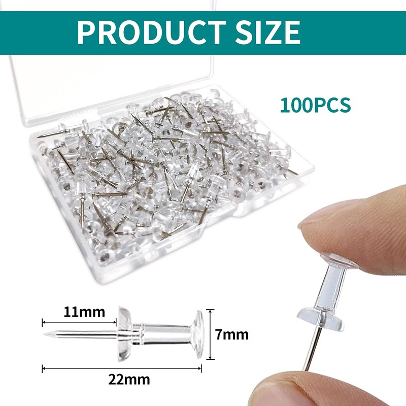 100 Clear Drawing Pins - Push Pins with Storage Box