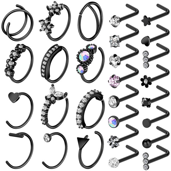 ONESING 29 Pcs 20G Black Nose Rings for Women Nose Piercing Jewelry L Shape Nose Rings Studs Nose Rings Hoop Stainless Steel Nose Jewelry Body Piercing Jewelry for Women Men