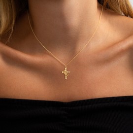 Robaice Gold Cross Necklace for Women, Diamond Cross Pendant, Crown Cross Style, Christian Symbol, Birthstone Jewelry