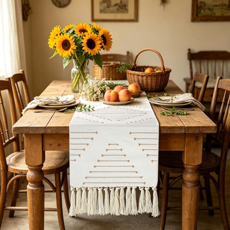 Fall Boho Table Runner with Tassels, Woven Farmhouse Decor, 12x48