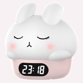 Cute Bunny RGB Rechargeable Night Light, Soft Silicone Lampshade, Adjustable Brightness LED Clock, Date, Alarm, Thermometer, Timer, Tap Control, Bedroom Lamp, Gift for Girl and Kid (Pink Bunny)
