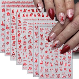 8 Sheets Red Christmas Snowflake Nail Art Stickers 3D Self-Adhesive Cute Cartoon Penguin Xmas Tree Snowflake Nail Decals Santa Claus Snowmen Snowball Nails Design Manicure Sticker for Women Nail Decor