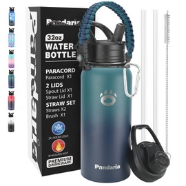 Pandaria 32 oz Water Bottle Stainless Steel, Double Walled Leak Proof Water Bottle Ideal for Gym, Hiking, Travel - Includes Lids, Straws, Paracord Handle, Cleaning Brush (Boss)