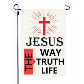 Jesus The Way The Truth Life Garden Flag, Christian Yard 12 x 18 Inch Burlap Flag, Church Community Patio Yard Lawn Porch Farmhouse Decor Religious Flag