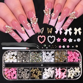 12Grids 3D Alloy Butterfly Nail Charms, Glitter Rhinestones Small Flower Steel Beads Pearl Bow DIY Mixed Nail Art with Pickup Pencil Tweezer for DIY Nail Art Supplies Crafts