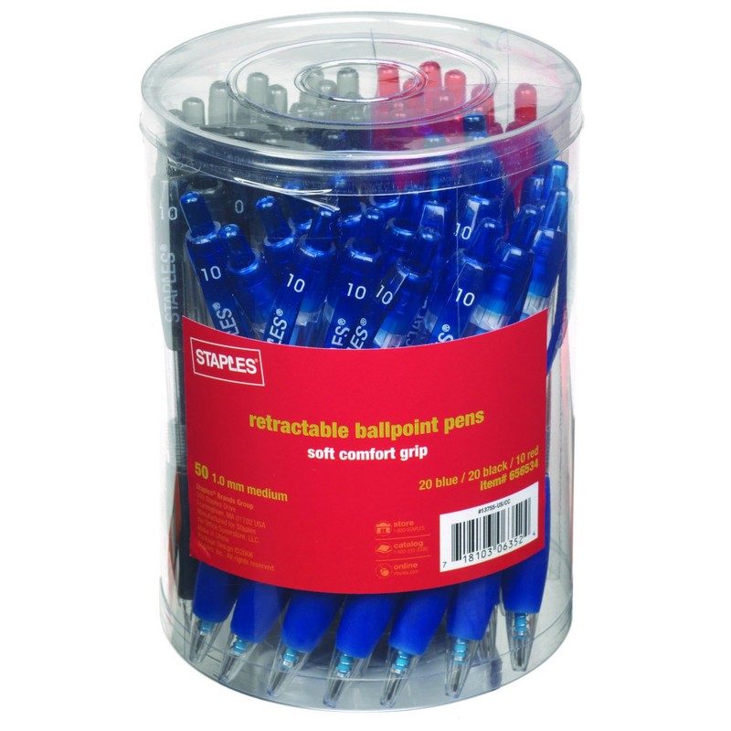 Staples Retractable Ballpoint Pens, Medium Point, Assorted, 50/Pack