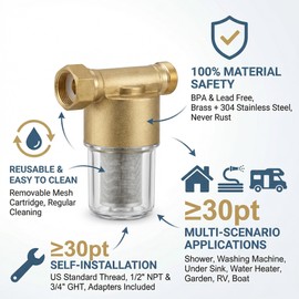 40 Micron Brass Inline Spin Down Sediment Water Filter for Washer, Washing Machine, Shower, Well Water, with 3/4" GHT +1/2" NPT Adapter + 3/4" GHT Female Garden Hose Faucet Nozzle Connector (Brass)