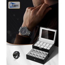 Uten 20-Slot Watch Box, 2-Layers PU Leather Watch Case with Glass Lid, Watch Holder Organizer with Soft Pillow and Velvet Lining, Watch and Jewelry Storage Box