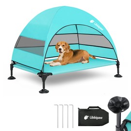 Libbipaw Windproof Elevated Dog Bed with Canopy & Stakes, 3-Sided 90% UV Block, Chew-Proof Teslin Mesh Mat for Large Dogs up to 150lbs(Blue Large)
