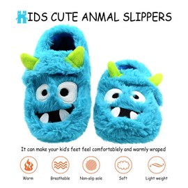 LA PLAGE Boys Comfort Fluffy Scary Monster Indoor House Cartoon Slippers with Hard Solesize Big Kid 1 US Blue