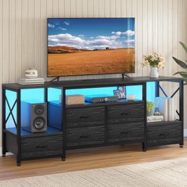 HAUOMS TV Stand for 75 Inch TV, Entertainment Center with LED Light & Power Outlets,63" Industrial TV Stand with 6 Fabric Drawers for Bedroom,Charcoal Black Wood Grain Print