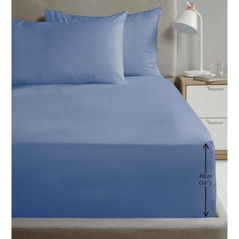 Rapport Home King Size Fitted Sheet Extra Deep 40cm Depth Blue Soft Easy Care Non-Iron Percale Bed Sheet – 16 inch Pocket