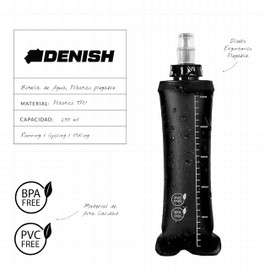DENISH ETERNAL NUTRITION Botella de agua color negro de 250ml, soft flask, bolsa de agua de plástico plegable para correr ciclismo triatlón senderismo. Soft water bottle for running cycling triathlon hiking (Negro - 250ml)
