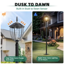 Kaqur 79" Solar Lamp Post Light, Dusk to Dawn Outdoor Waterproof Pole Lights, 3000K/4000K/6000K Vintage Black Solar Powered Column Lighting Fixtures for Garden, Patio, Pillar, Pathway, Yard, Lawn