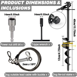 Dog Tie Out Stake, 10FT Heavy Duty 360° Swivel Dog Lead Cable with Shock Spring, Power Nut Drill Bit and T Wrench for Small Dogs Ideal for Yard Camping Beach (Basic1)