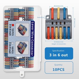YQSIYU 3 in 6 Out Lever Wire Connecotrs Nuts, 10 Pcs Push-in Conductor Terminal Block 28-12AWG Inline Wire Connectors