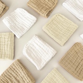 Sunny zzzZZ Baby Muslin Washcloths -100% Cotton Muslin Soft Baby Bath Wash Cloths and Absorbent Burp Cloths for Newborns Kids Girls and Boys -12 Pack, 12x12 Inches - White+Ivory+Brown