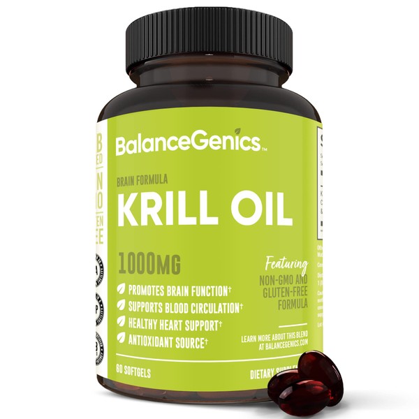 BalanceGenics Krill Oil (1000mg) | Omega-3 EPA, DHA, Contains Naturally Occurring Astaxanthin Antioxidant, Promotes Optimal Brain Function, 60 Softgels