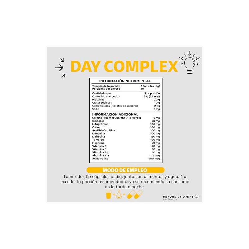 Nootropico Day Complex Vitaminas Minerales Aminoácidos Contiene Omega Triptófano Colina