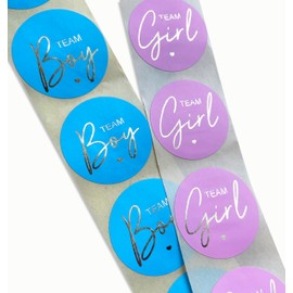 38mm Round Blue & Pink Team Boy Team Girl Baby Shower Stickers – Gender Reveal Party Labels with Shiny Gold Foil Print (50 Pack - 25 Blue, 25 Pink)