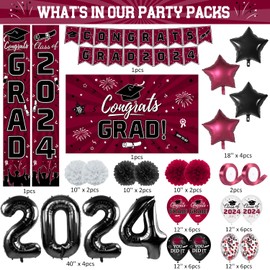 Graduation Party Decorations Maroon Class of 2024 Graduation Party Supplies Include Grad Backdrop, Banner, Porch Sign, Balloons, Foil Number 2024 for Congrats Grad Party Supplies
