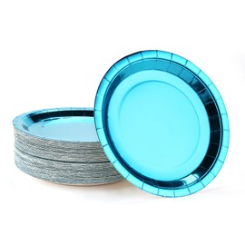 Metallic Blue Paper Plates 9 Inches [50 pack] Round Disposable Dinner Paper Plates for Cakes Salad Pizza Holographic Peacock Blue Decorations Party Supplies for Events Wedding Anniversary Christmas