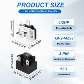 QUARKZMAN 1 Set PTC Fridge Start Relay 12 Ohm 3 Pin and 1/3HP Freezer Overload Protection for Fridge Compressor