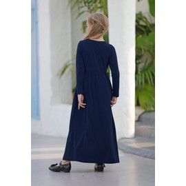 GORLYA Girl's Long Sleeve Floral Print Loose Casual Holiday Long Maxi Dress with Pockets 4-12 Years (12-13Years/Height:160cm, Navy Color)