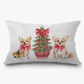 Exqcom Chinoiserie Christmas Corgi Pillow Covers 12x20, Corgi Lover Gifts, Grandmillennial Red Bow Christmas Tree Dog Lumbar Pillow Covers for Home Bedroom Living Room Sofa Couch