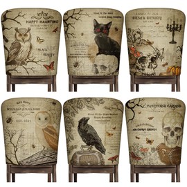 Moukeren 6 Pcs Halloween Chair Cover Set Gothic Halloween Decor Stretch Dining Chair Back Covers Skeleton Black Cat Bat Owl Seat Covers Horror Farmhouse Dining Seat Protector for Home Kitchen Decor