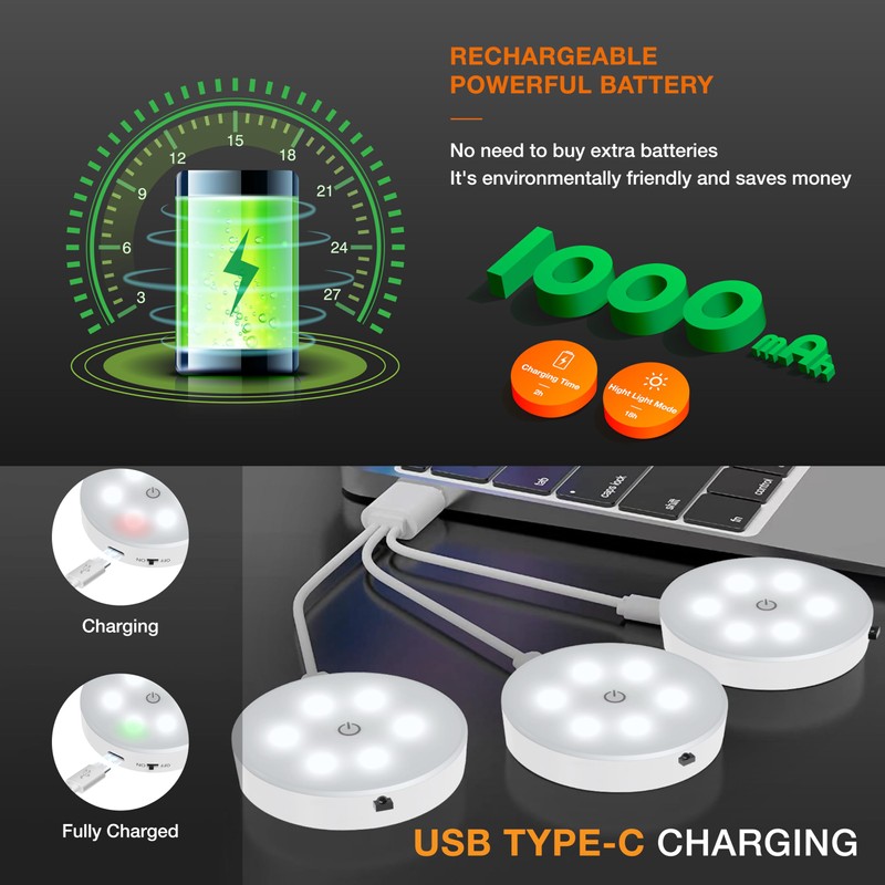 Puck Lights with Remote Control,1000mAh Rechargeable Under Cabinet Lighting,LED Closet