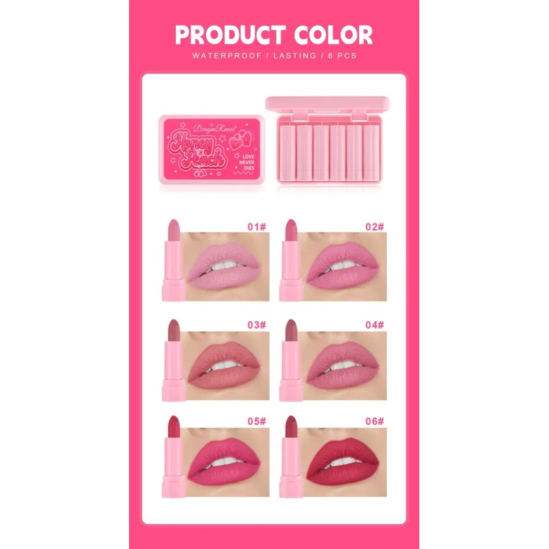 Set Labial Dragon Ranee Mate 6 Tonos Rosados Mini
